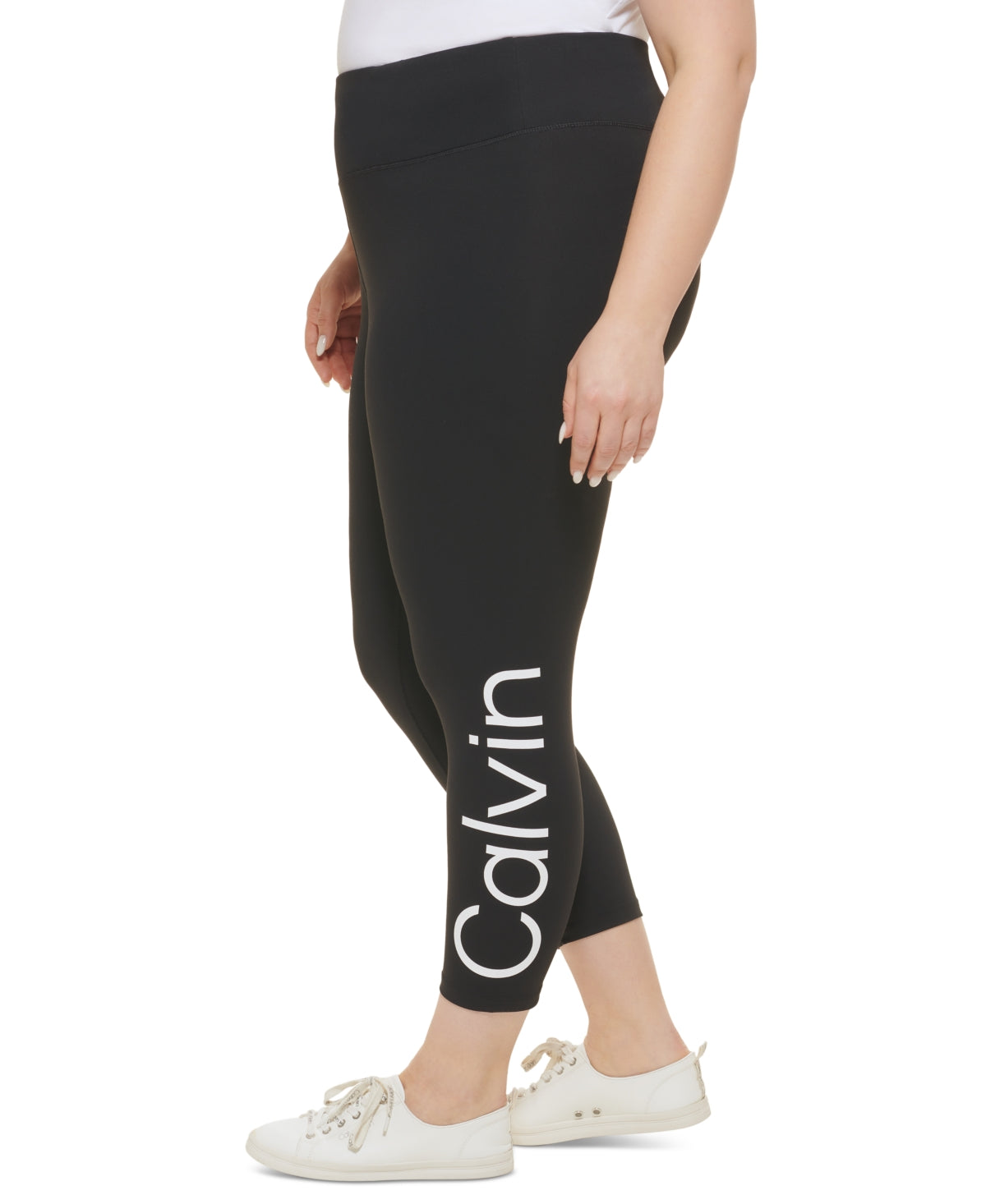 Calça legging feminina Calvin Klein com logo e cintura alta, preta, tamanho 1X