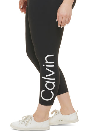 Calça legging feminina Calvin Klein com logo e cintura alta, preta, tamanho 1X