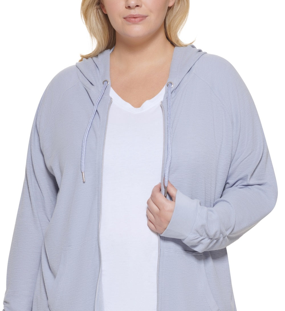 Calvin Klein Moletom com capuz feminino com manga franzida e zíper, cinza, tamanho 1X