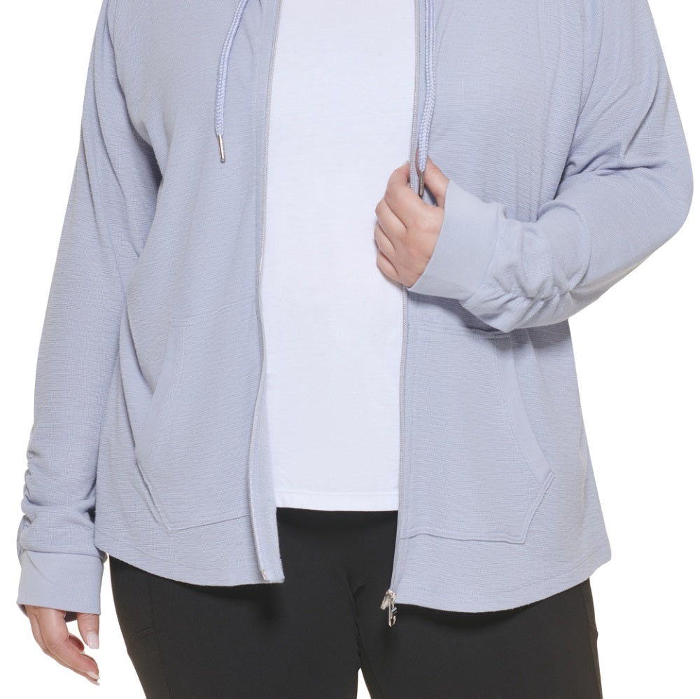 Calvin Klein Moletom com capuz feminino com manga franzida e zíper, cinza, tamanho 1X