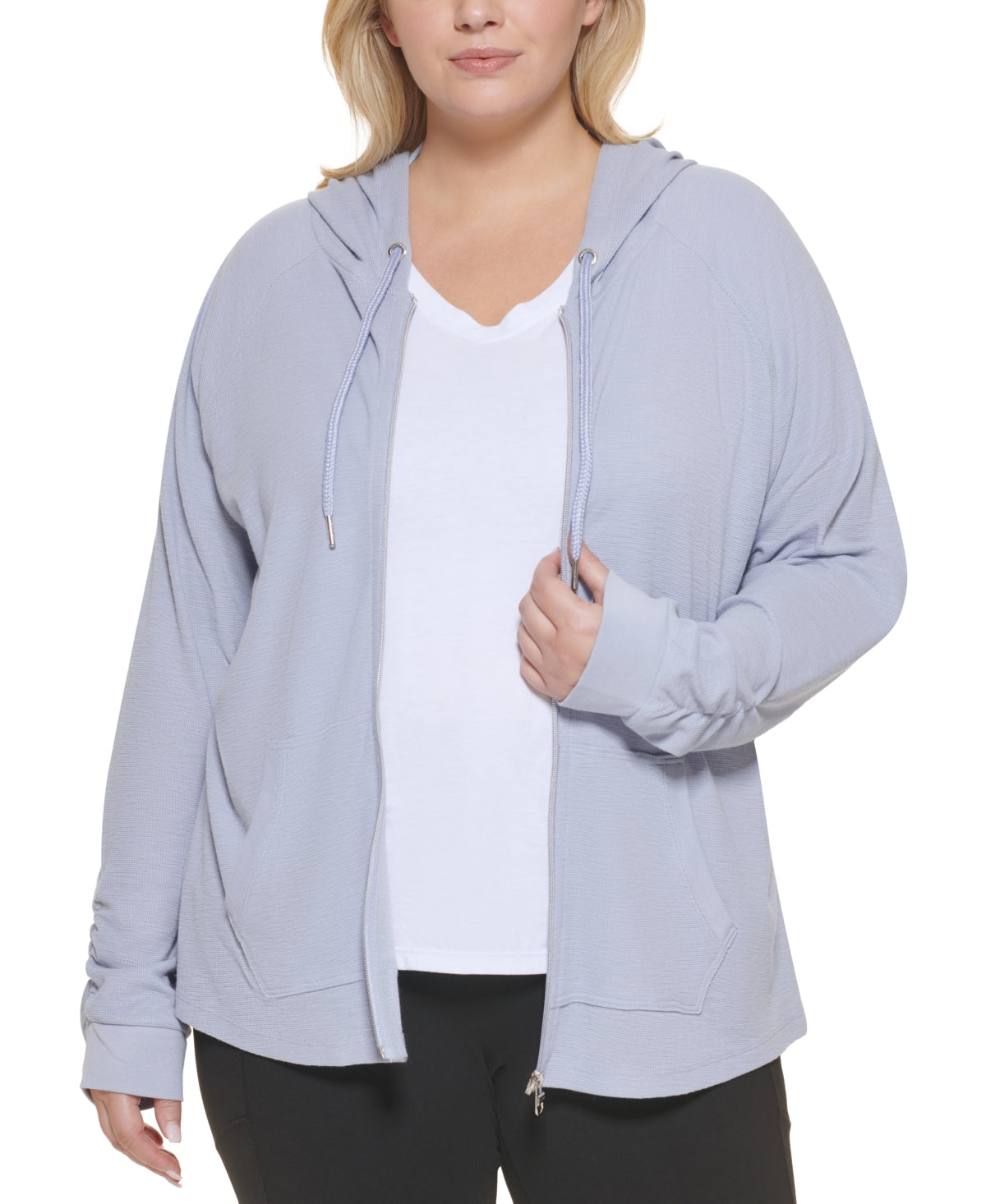 Calvin Klein Moletom com capuz feminino com manga franzida e zíper, cinza, tamanho 1X