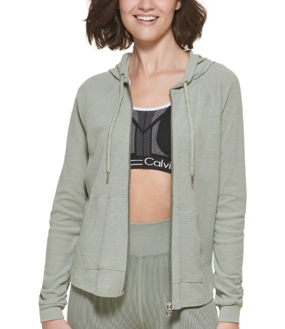 Calvin Klein Moletom com capuz feminino com manga franzida e zíper, verde, tamanho médio