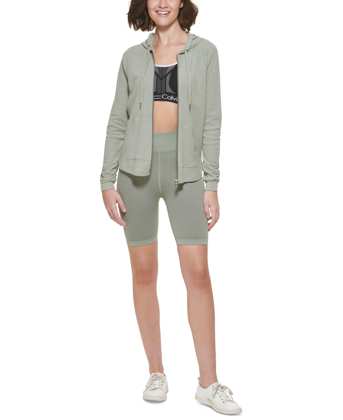 Calvin Klein Moletom com capuz feminino com manga franzida e zíper, verde, tamanho médio