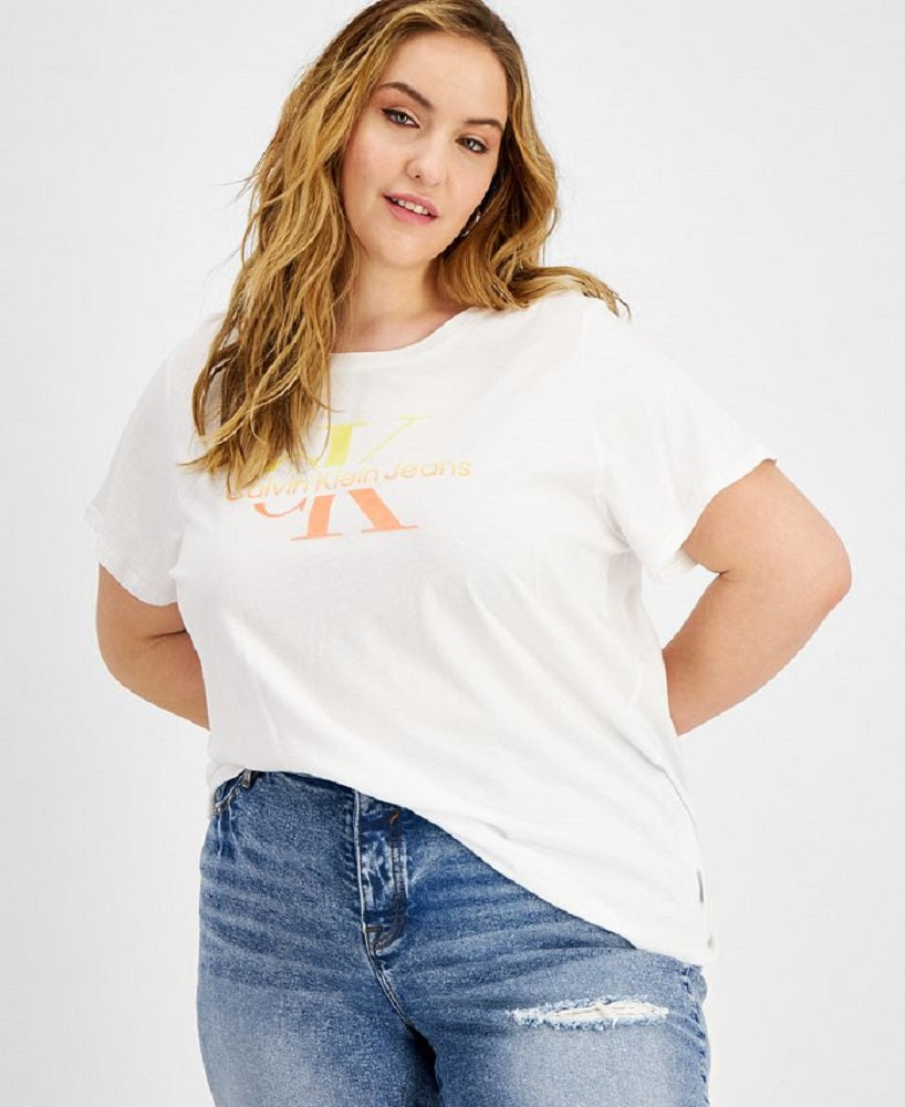 Camiseta Calvin Klein Feminina Aquarela Ck Logo Iconic Branca Tamanho 2X