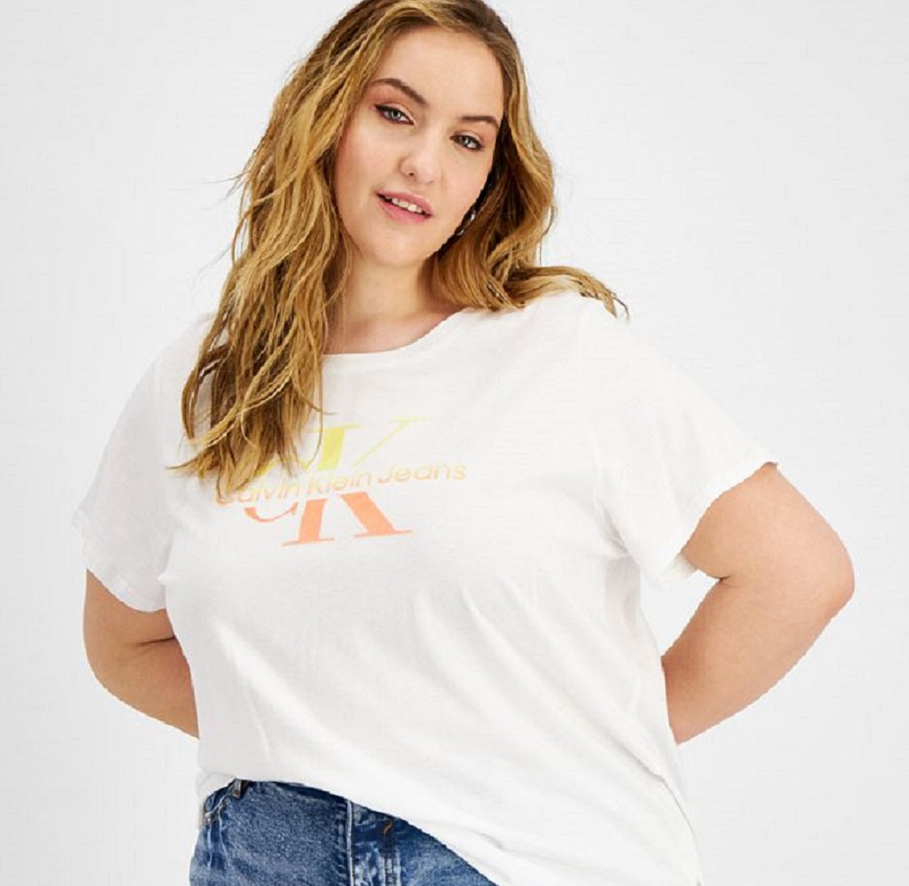 Camiseta Calvin Klein Feminina Aquarela Ck Logo Iconic Branca Tamanho 2X
