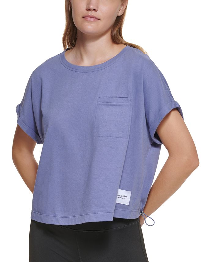 Camiseta Calvin Klein Feminina com Bolso e Bainha Elástica de Algodão Azul Tamanho Grande