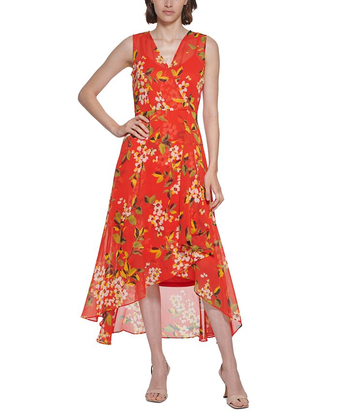 Vestido midi estampado com sobrepeliz Calvin Klein feminino, vermelho, tamanho 12