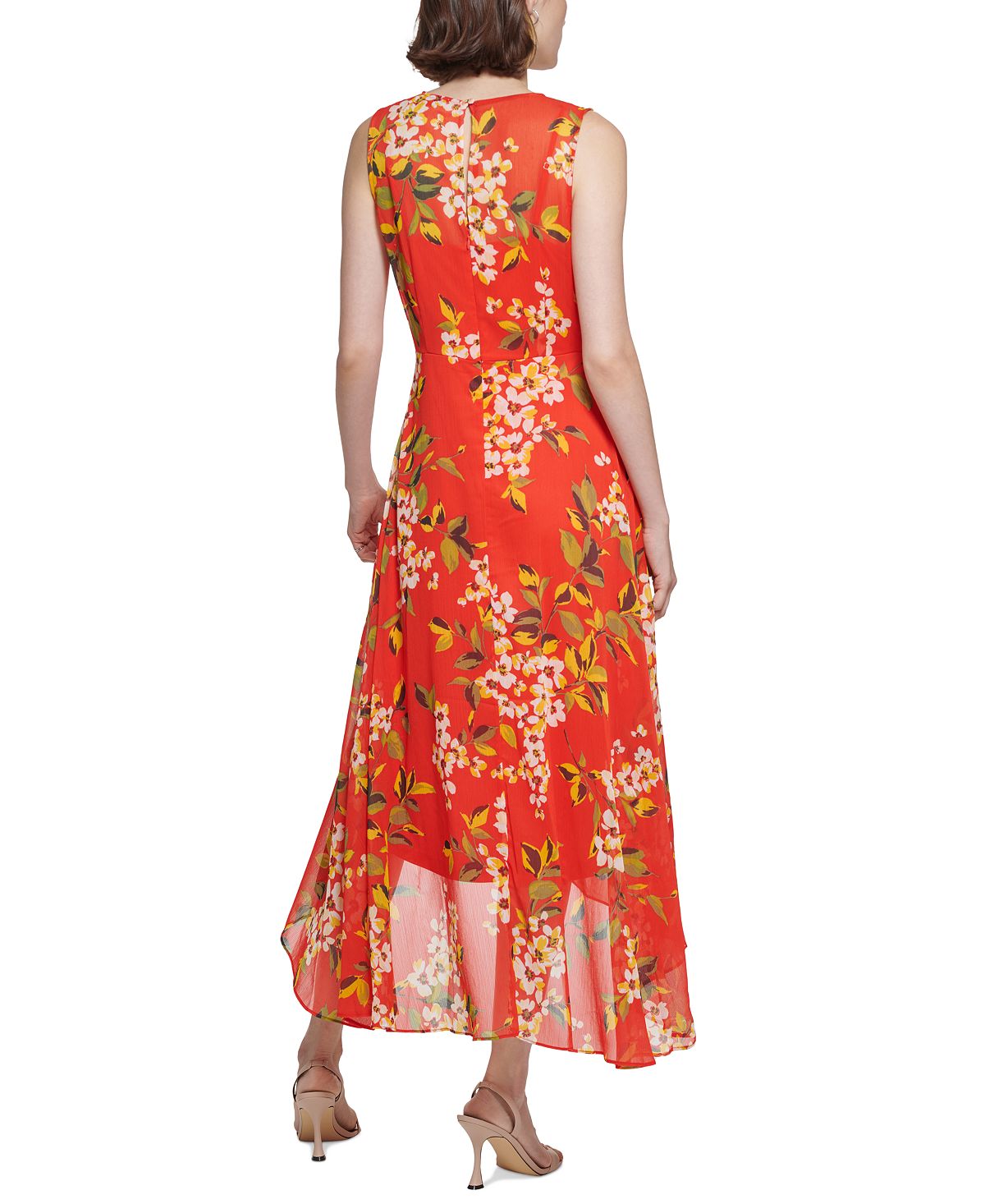 Vestido midi estampado com sobrepeliz Calvin Klein feminino, vermelho, tamanho 12