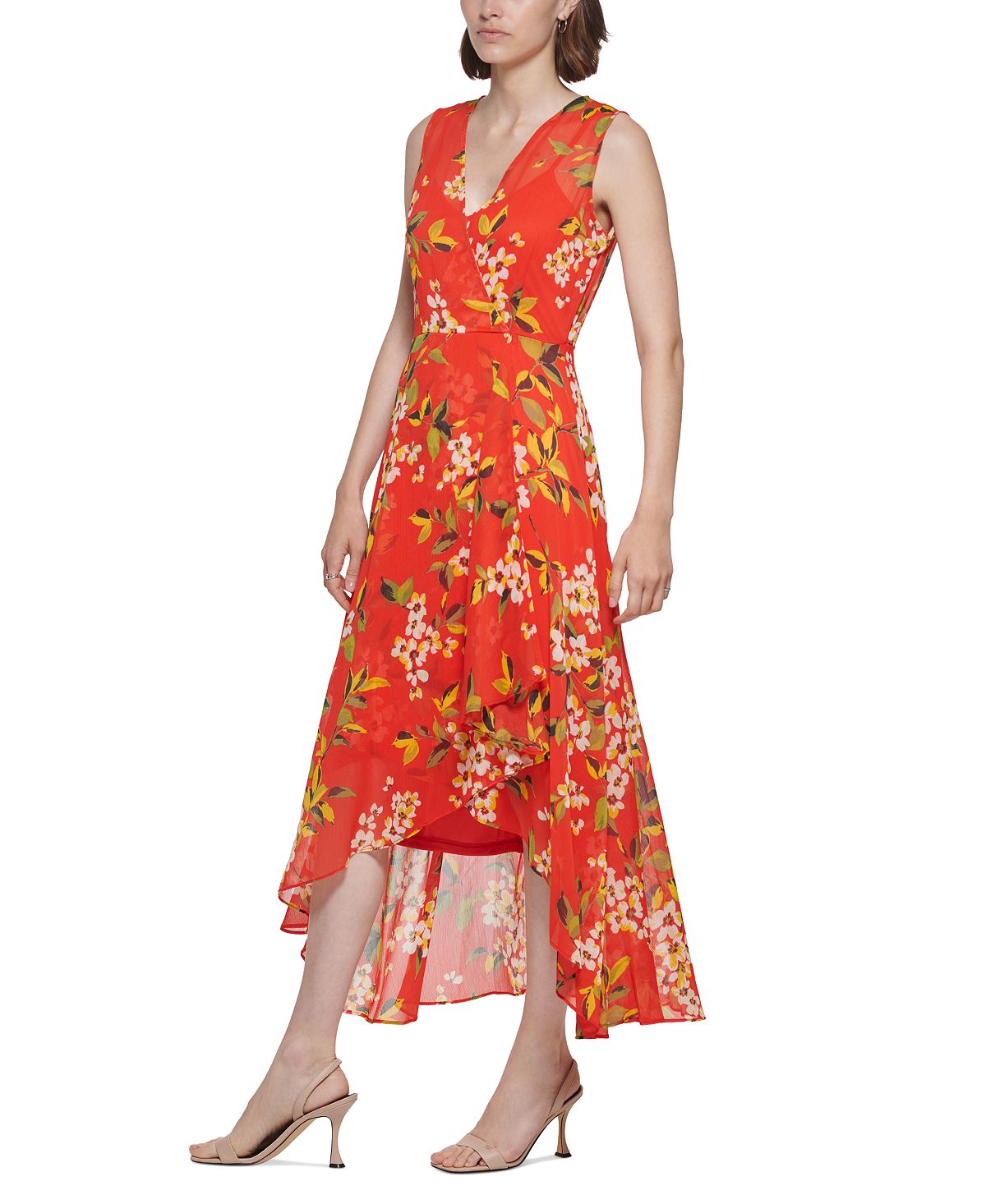 Vestido midi estampado com sobrepeliz Calvin Klein feminino, vermelho, tamanho 12