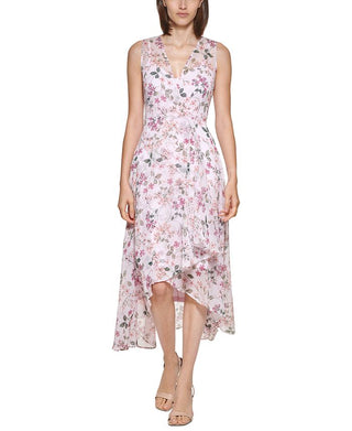 Vestido longo Calvin Klein feminino com estampa floral e sobrepeliz, rosa, tamanho 4