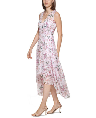 Vestido longo Calvin Klein feminino com estampa floral e sobrepeliz, rosa, tamanho 4
