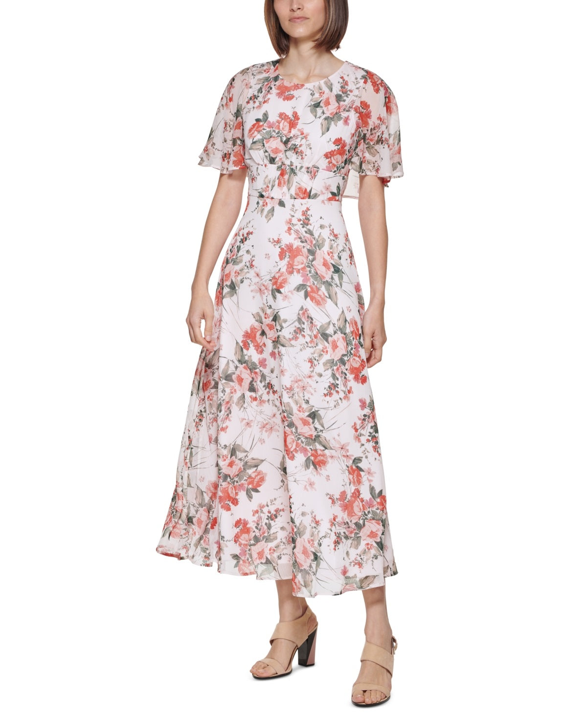 Vestido longo capelete com estampa floral Calvin Klein feminino, rosa, tamanho 8