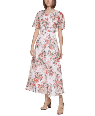 Calvin Klein Women's Floral Print Capelet Maxi Dress Pink Size 8
