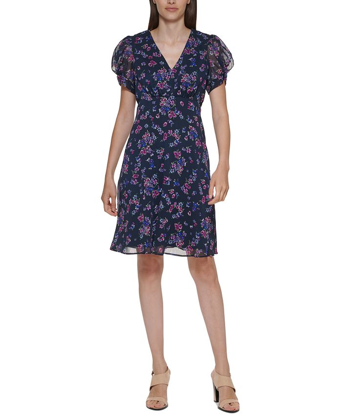 Vestido Calvin Klein Feminino Estampa Floral Fit &amp; Flare Azul Tamanho 6