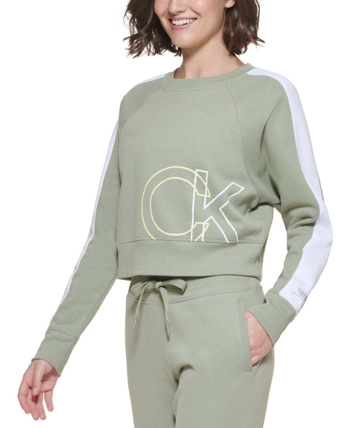 Calvin Klein Feminino CK Logo Cropped Moletom Verde Tamanho P