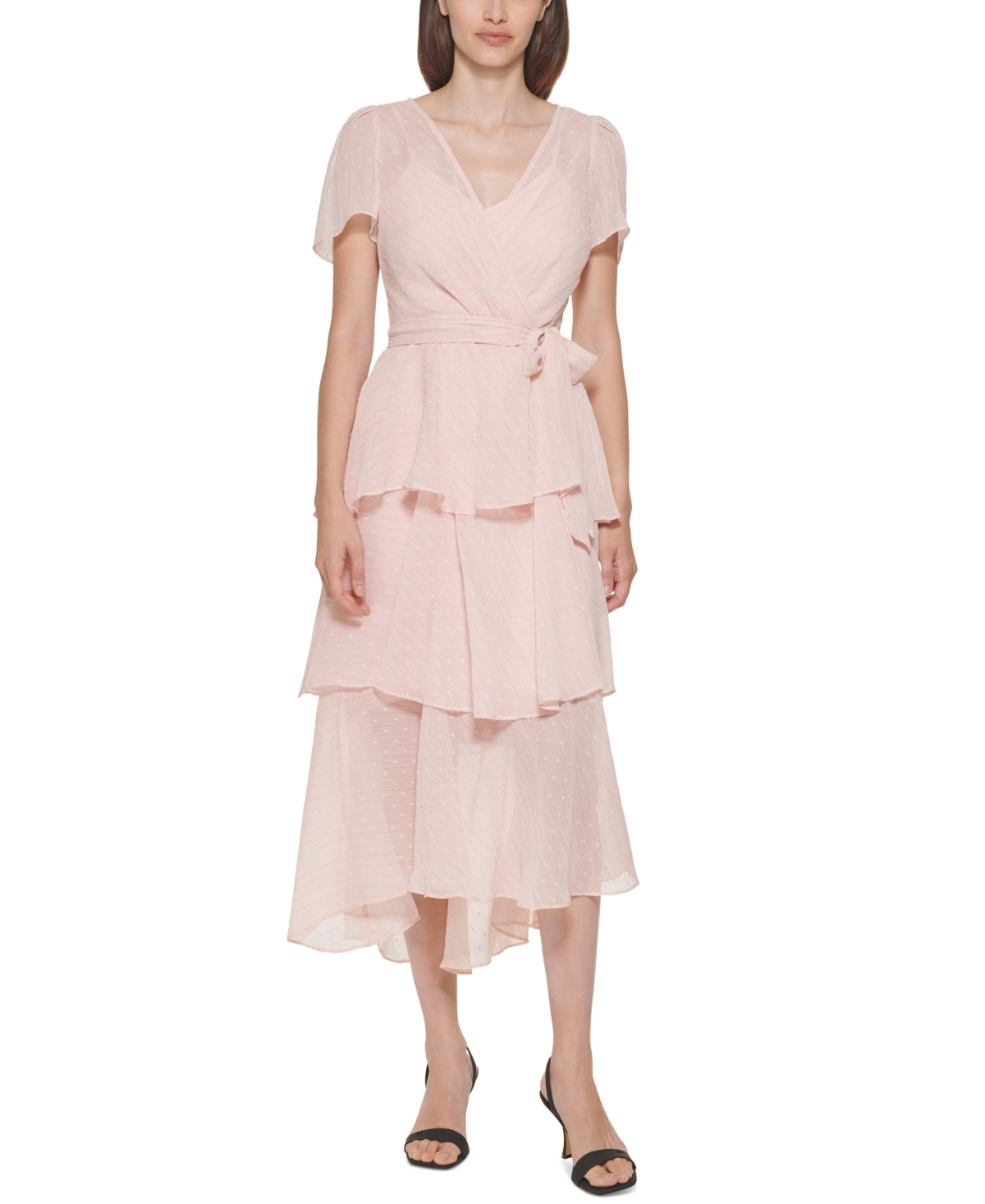 Calvin Klein Women's Clip Dot Tiered Ruffle Dress Pink Size 4