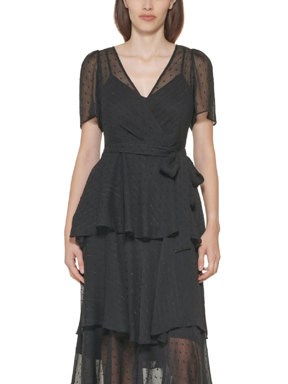 Vestido Calvin Klein Feminino com Babados e Clip Dot, Preto, Tamanho 10
