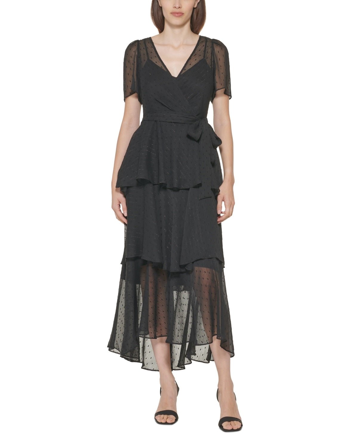 Vestido Calvin Klein Feminino com Babados e Clip Dot, Preto, Tamanho 6