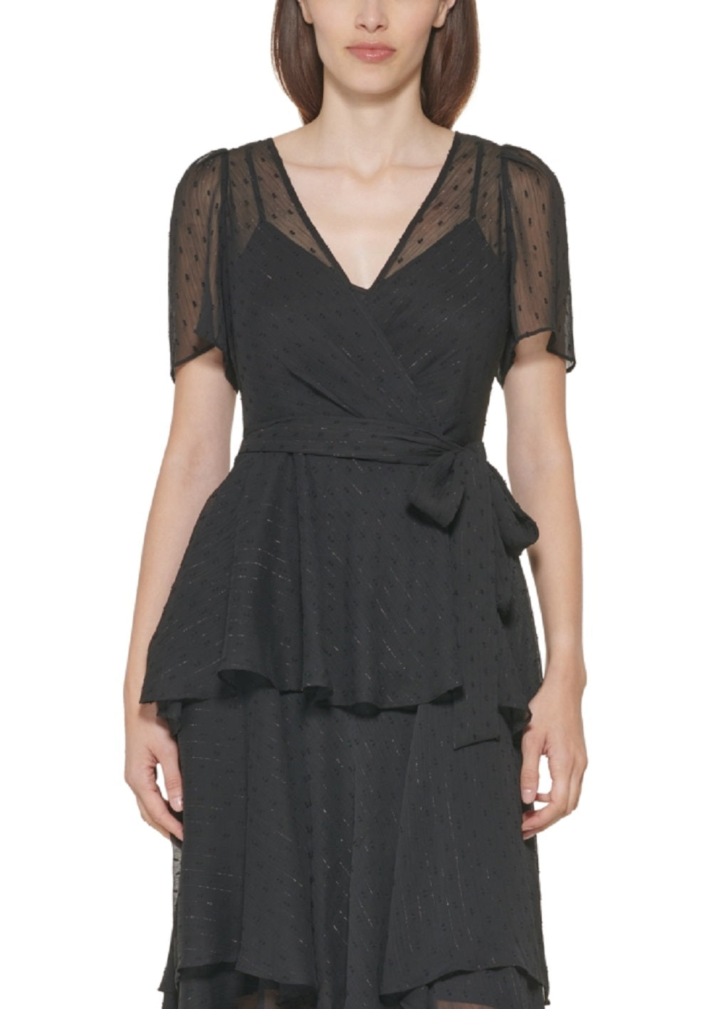 Vestido Calvin Klein Feminino com Babados e Clip Dot, Preto, Tamanho 6