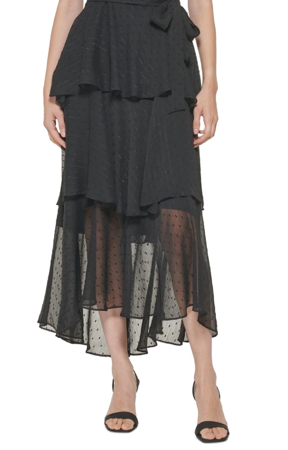 Vestido Calvin Klein Feminino com Babados e Clip Dot, Preto, Tamanho 6