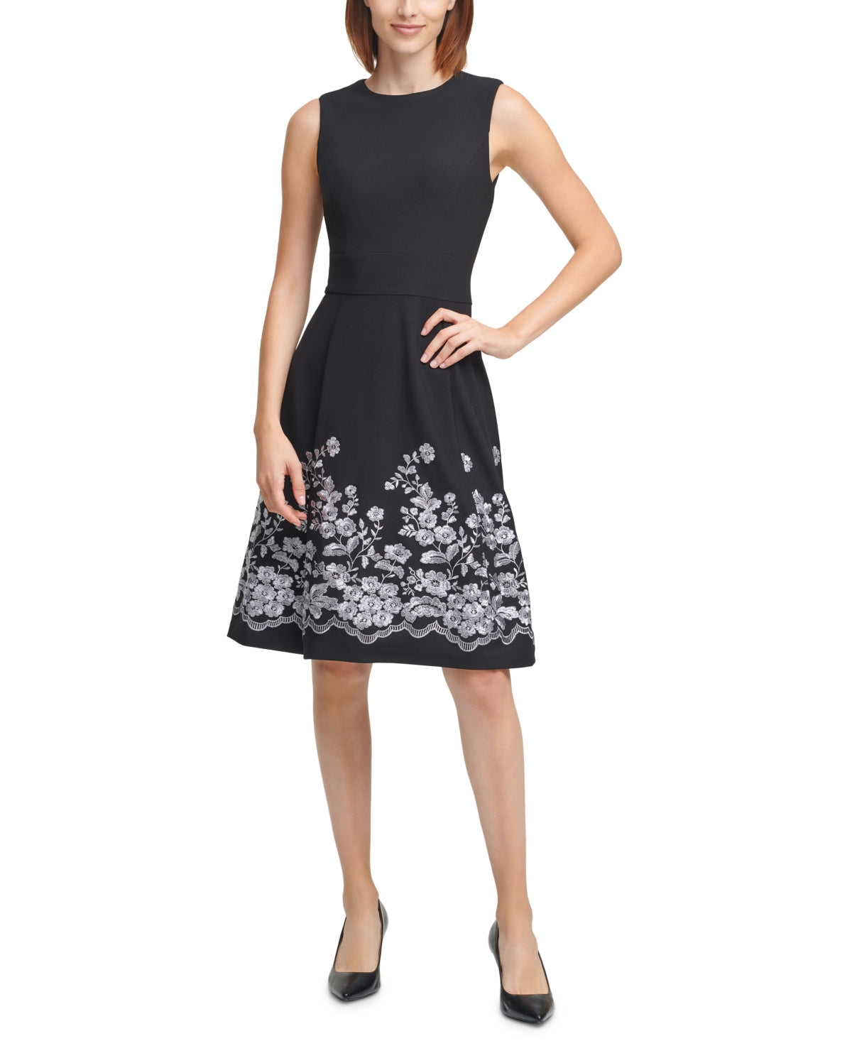 Vestido Calvin Klein Feminino Bordado Floral Cinza Tamanho 16