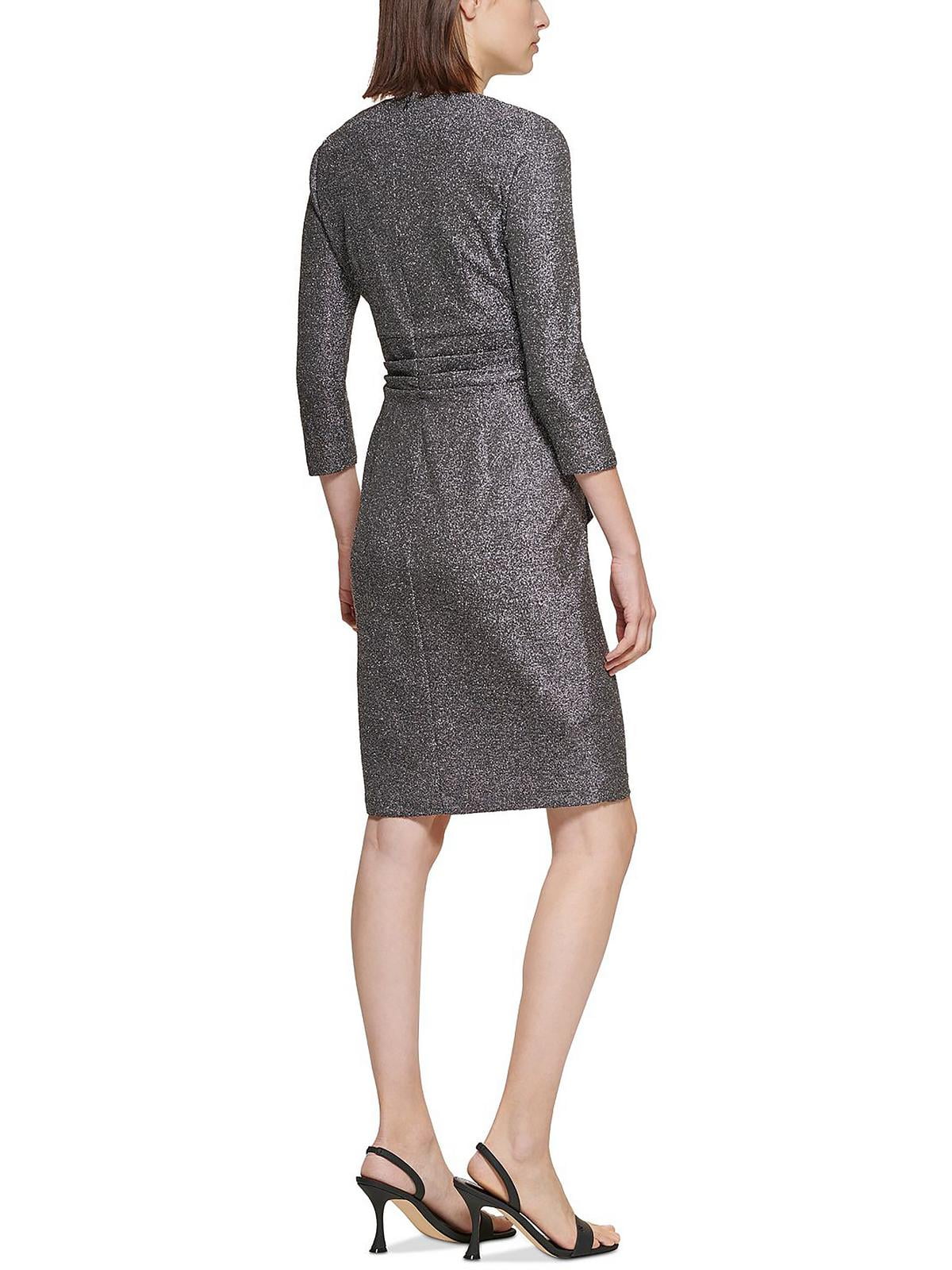 Vestido Calvin Klein Feminino com Decote em V e Malha Glitter Cinza Tamanho 4