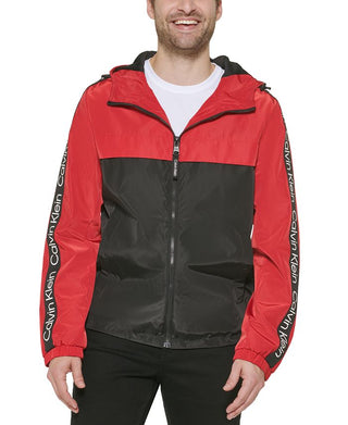 Calvin Klein Men's Logo Taped Sleeves Hooded Windbreaker Jacket Red Size Large