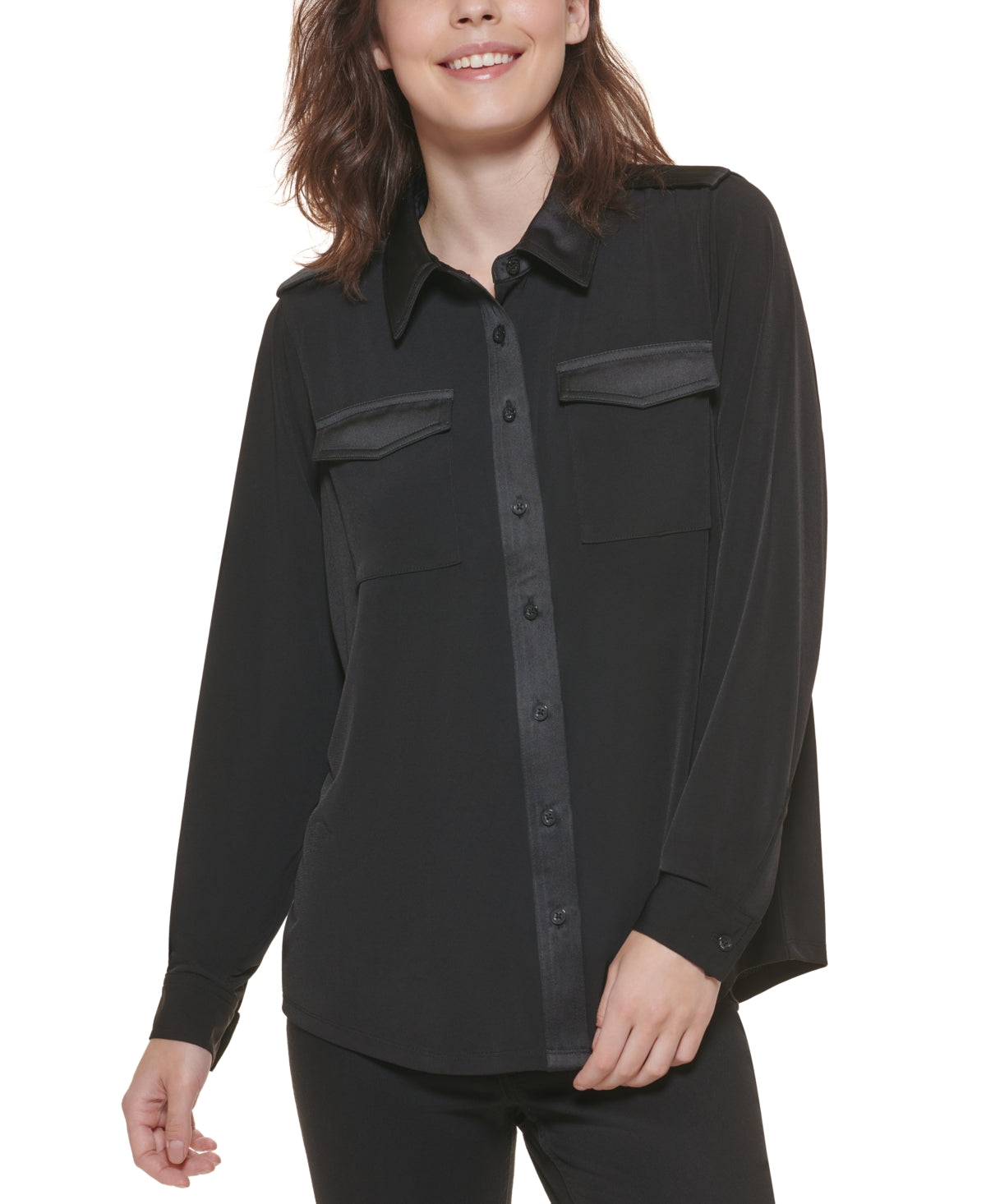 Blusa Calvin Klein Feminina Manga Longa com Botões Frontais Preta Tamanho Grande