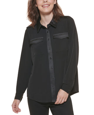 Blusa Calvin Klein Feminina Manga Longa com Botões Frontais Preta Tamanho Grande