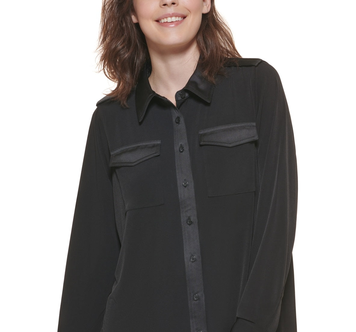 Blusa Calvin Klein Feminina Manga Longa com Botões Frontais Preta Tamanho Grande