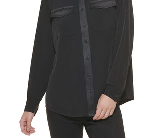 Blusa Calvin Klein Feminina Manga Longa com Botões Frontais Preta Tamanho Grande