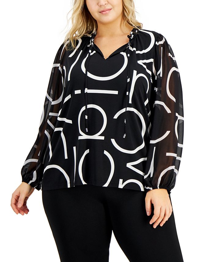 Blusa Calvin Klein Feminina Gola Alta Manga Transparente Preta Tamanho 3X