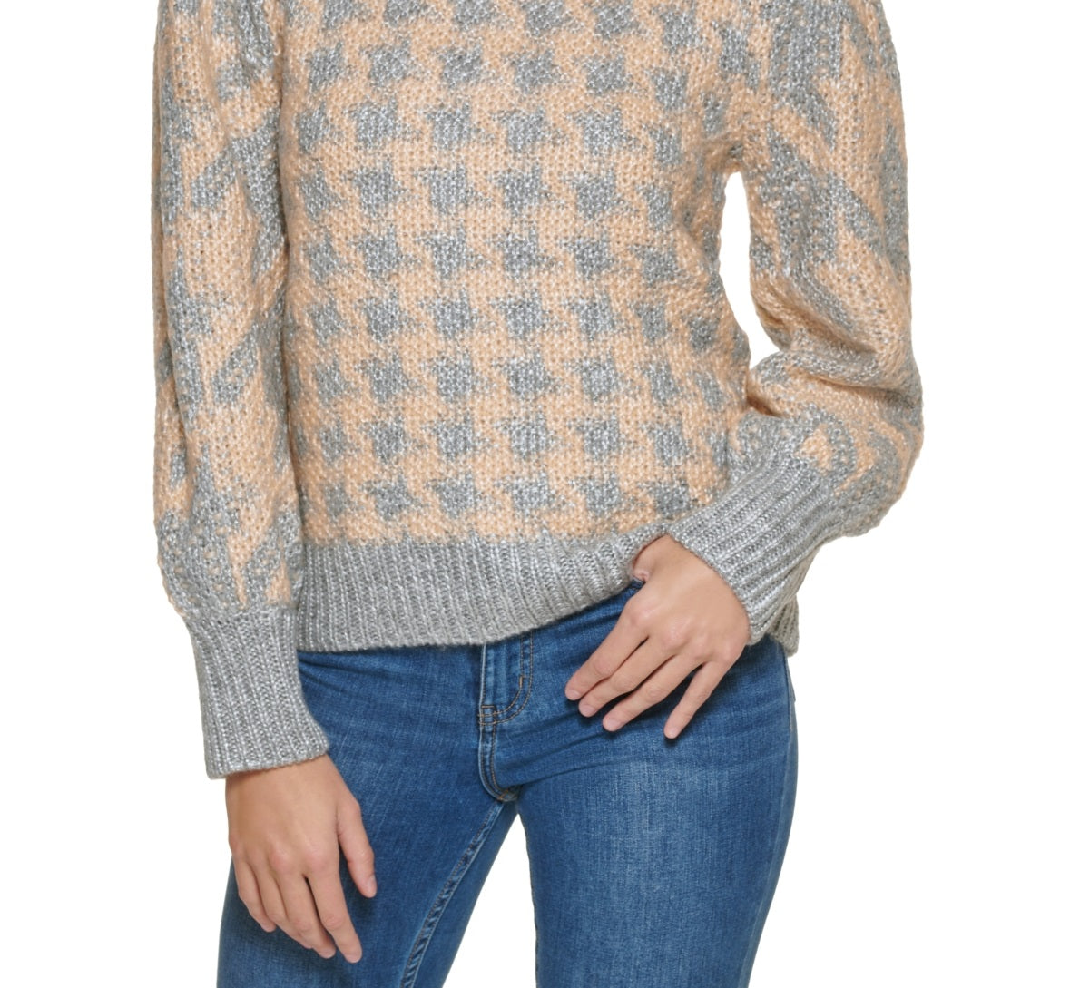 Suéter Calvin Klein Feminino Pied-de-poule Manga Longa Gola Simulada Cinza Tamanho Grande