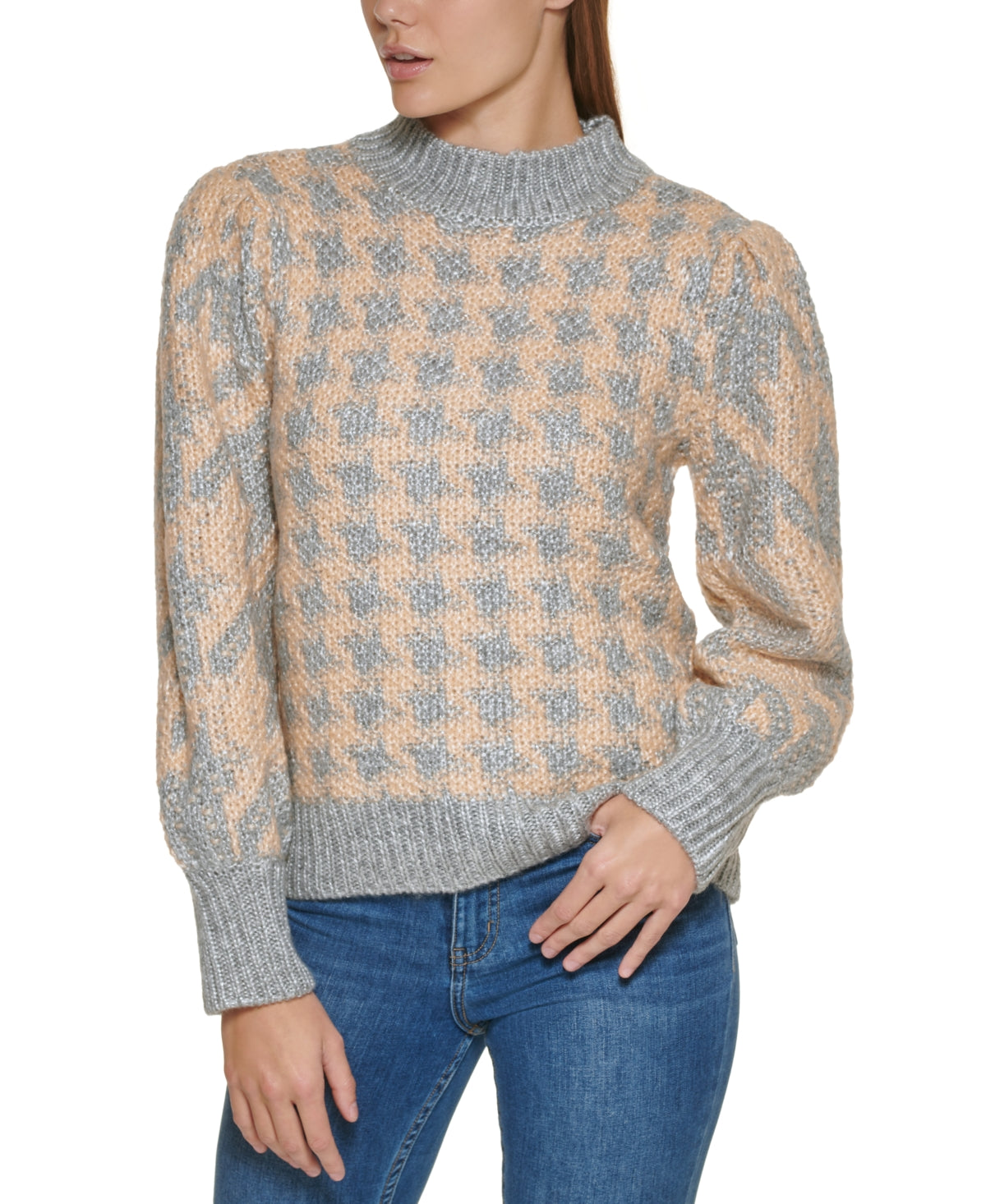 Suéter Calvin Klein Feminino Pied-de-poule Manga Longa Gola Simulada Cinza Tamanho Grande