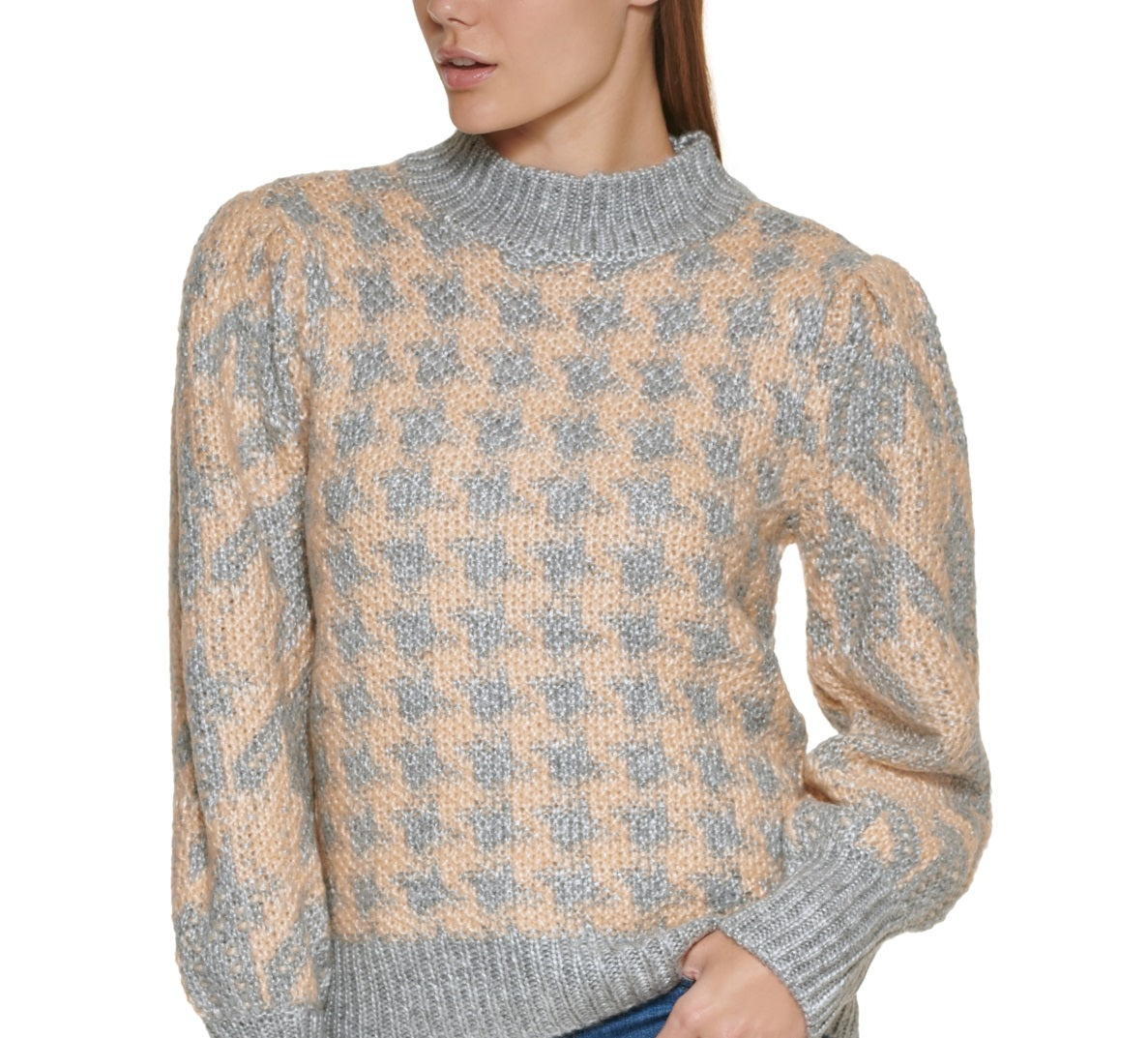 Suéter Calvin Klein Feminino Pied-de-poule Manga Longa Gola Simulada Cinza Tamanho Grande