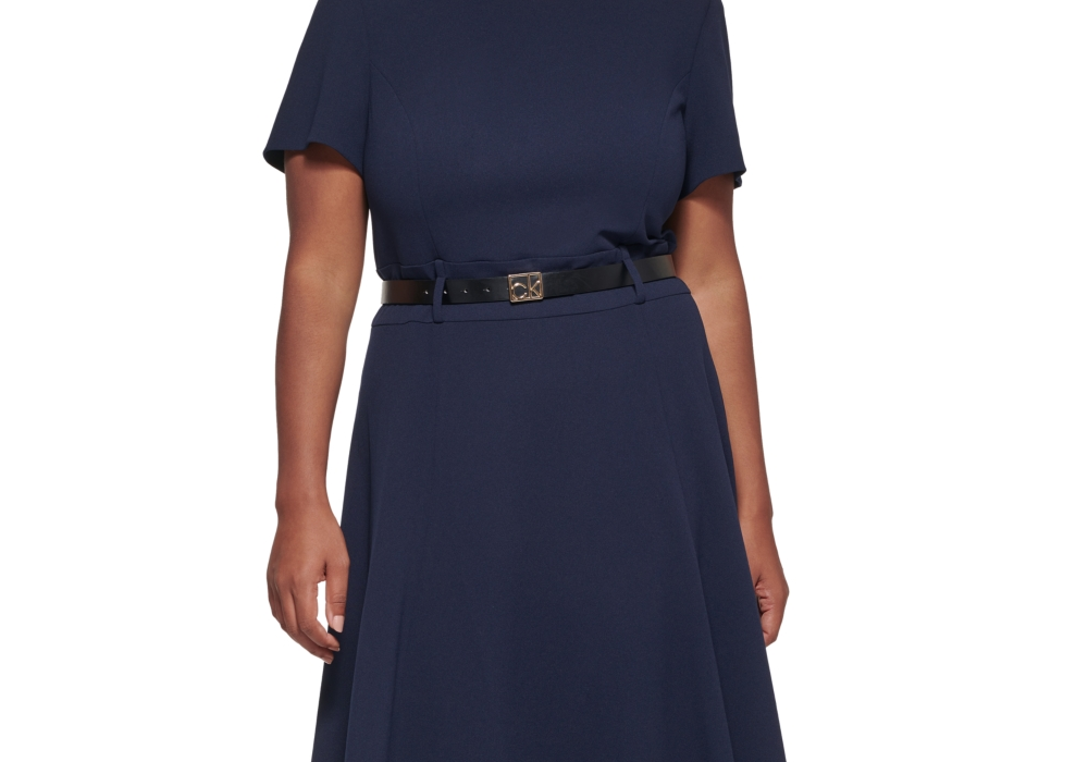 Vestido Calvin Klein Plus Size Feminino com Cinto e Linha A, Cor Indigo, Tamanho 18W