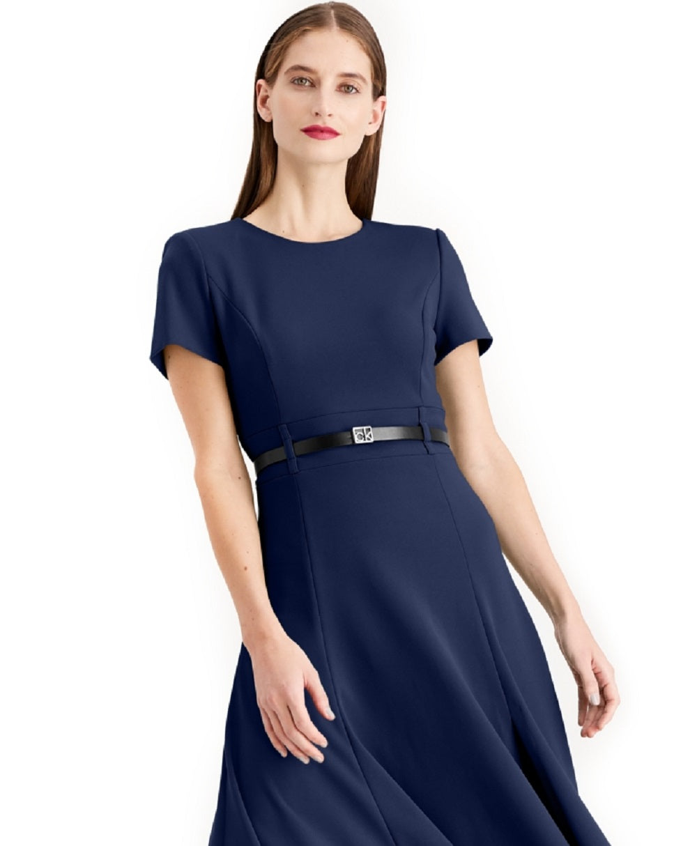 Vestido midi evasê com cinto Calvin Klein feminino, azul, tamanho 12