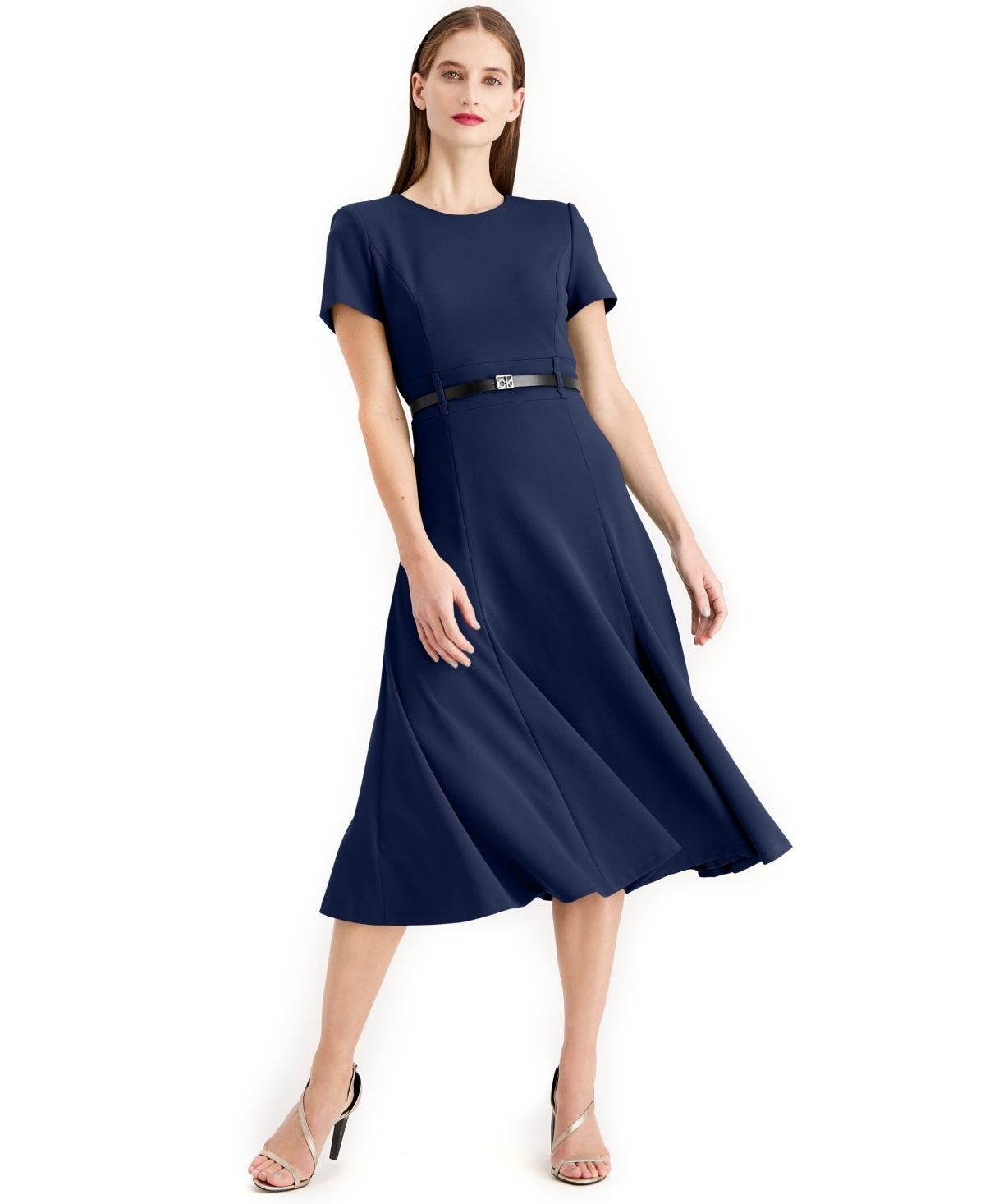 Vestido midi evasê com cinto Calvin Klein feminino, azul, tamanho 4