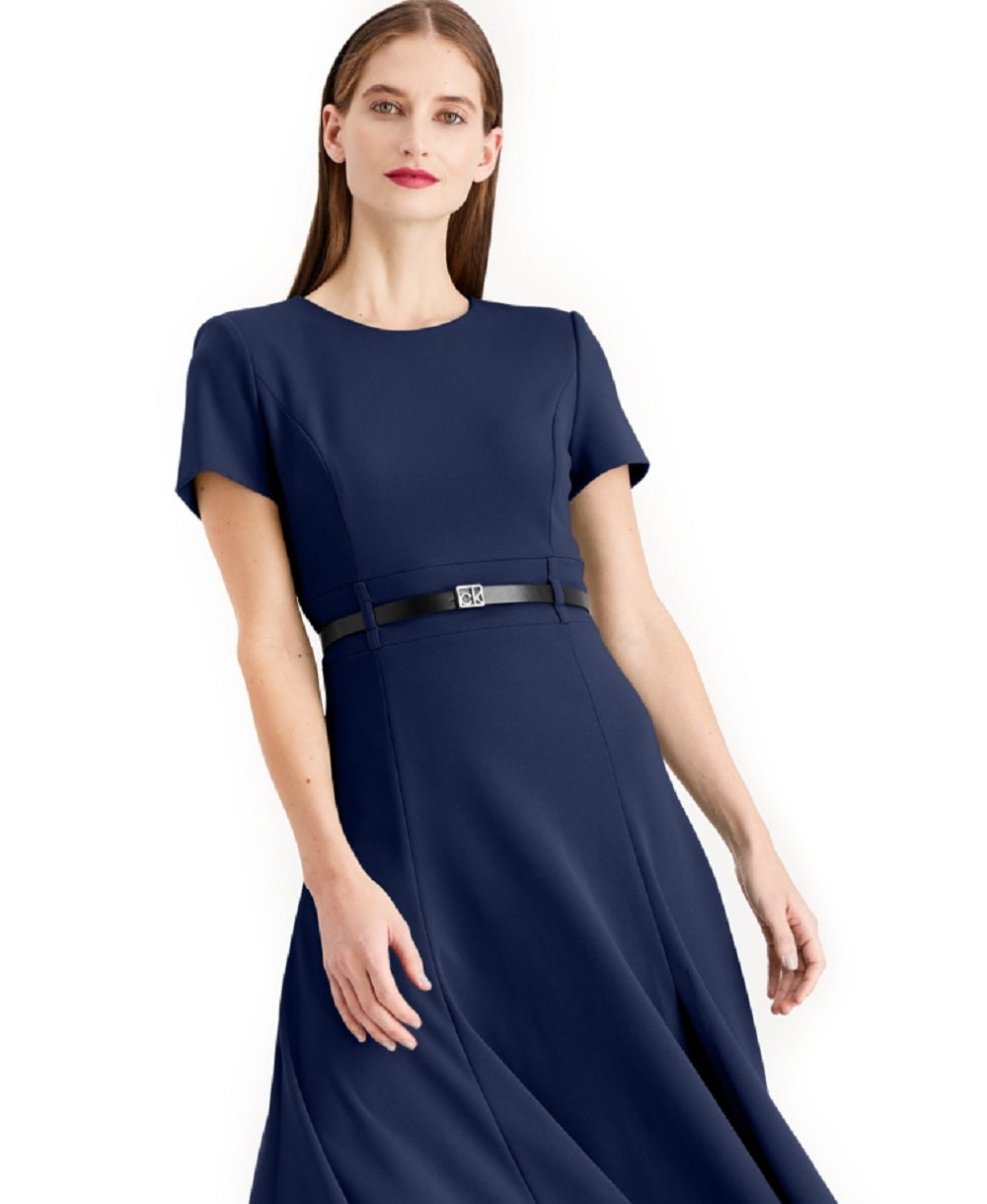 Vestido midi evasê com cinto Calvin Klein feminino, azul, tamanho 4