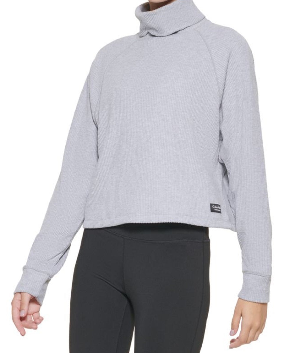 Blusa feminina Calvin Klein canelada, manga comprida, gola alta, cinza, tamanho GG