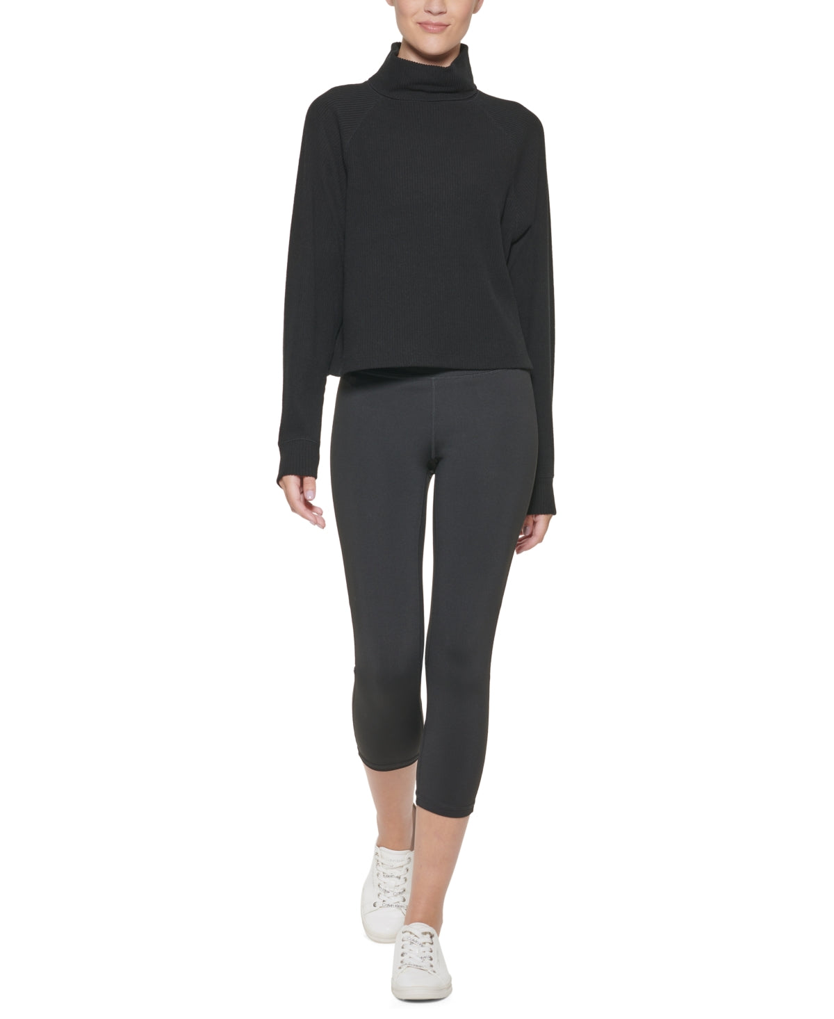 Blusa Calvin Klein Feminina Canelada Manga Longa Gola Alta Preta Tamanho P