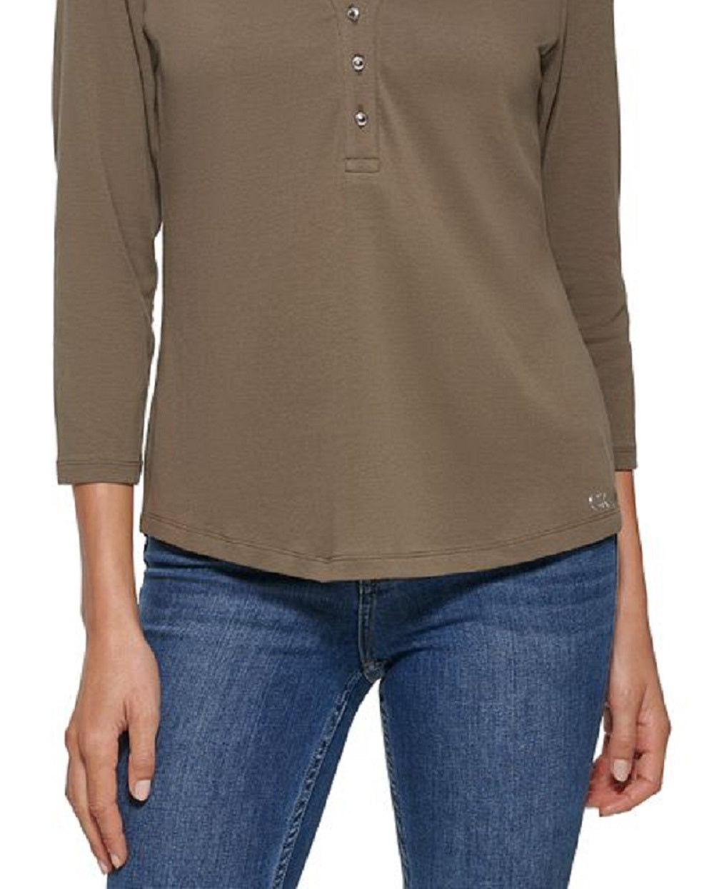 Calvin Klein Feminino Manga 3/4 Botões Frontais Henley Verde Tamanho Médio
