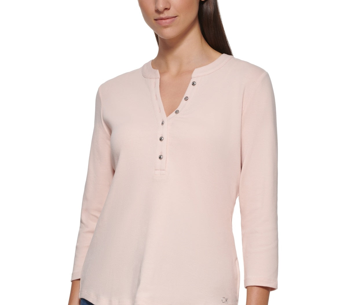 Calvin Klein Top Henley Feminino Manga 3/4 Botões Frontais Rosa Tamanho X-G