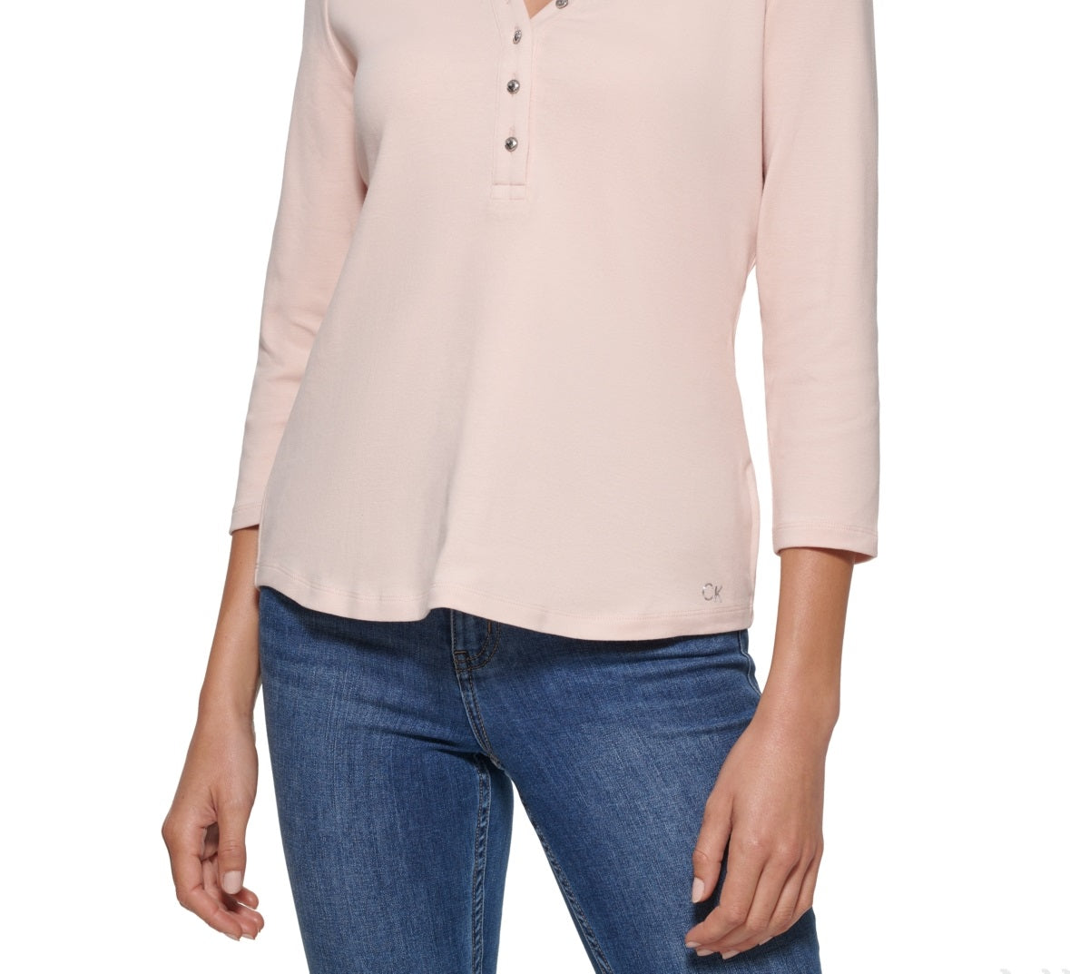 Calvin Klein Top Henley Feminino Manga 3/4 Botões Frontais Rosa Tamanho X-G