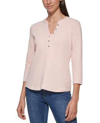 Calvin Klein Feminino Manga 3/4 Botões Frontais Henley Rosa Tamanho Médio
