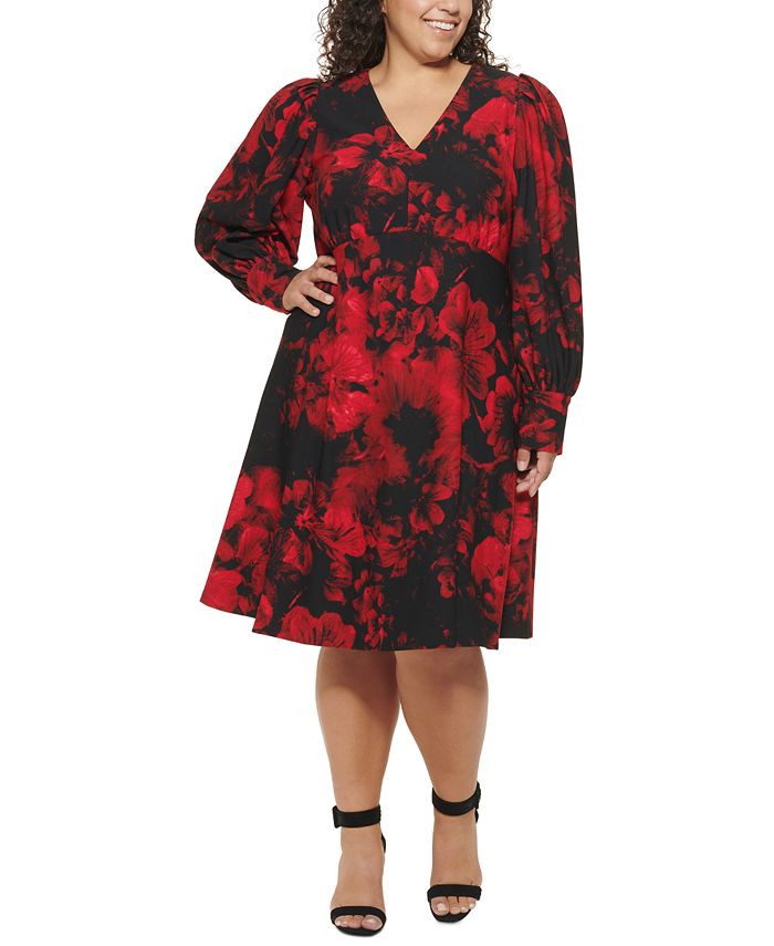 Vestido Calvin Klein Feminino Scuba Crepe Floral Manga Longa Gola V Vermelho Tamanho 18W