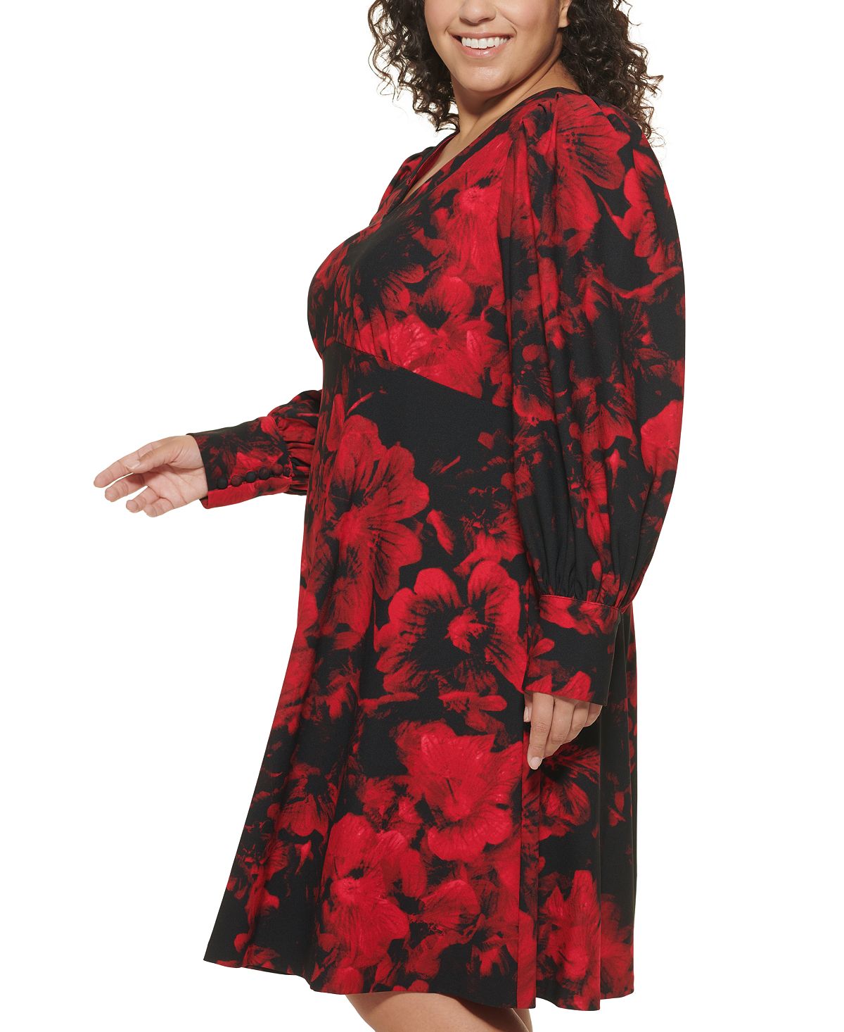Vestido Calvin Klein Feminino Scuba Crepe Floral Manga Longa Gola V Vermelho Tamanho 18W