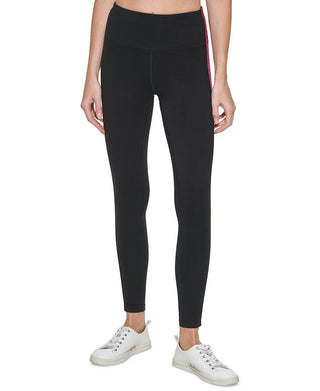 Calça legging feminina Calvin Klein com logo listrado e cintura alta, preta, tamanho P