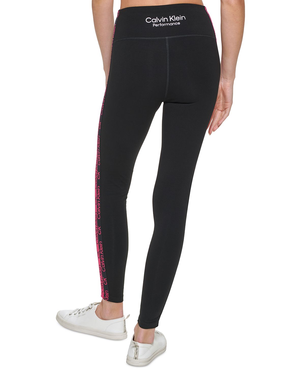 Calça legging feminina Calvin Klein com logo listrado e cintura alta, preta, tamanho P