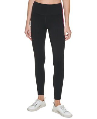 Calça legging feminina Calvin Klein com logo listrado e cintura alta, preta, tamanho P